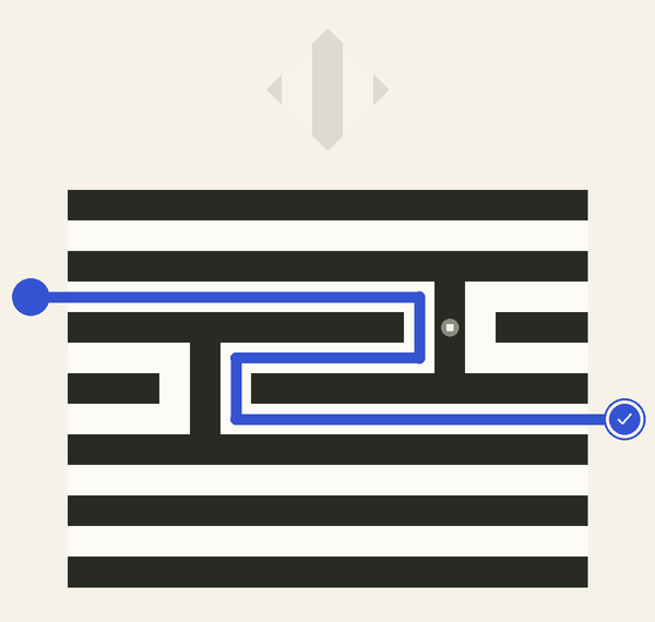 A striped diamond moves from the tray into the maze, turning the passages so the blue light reaches and fills its destination circle.